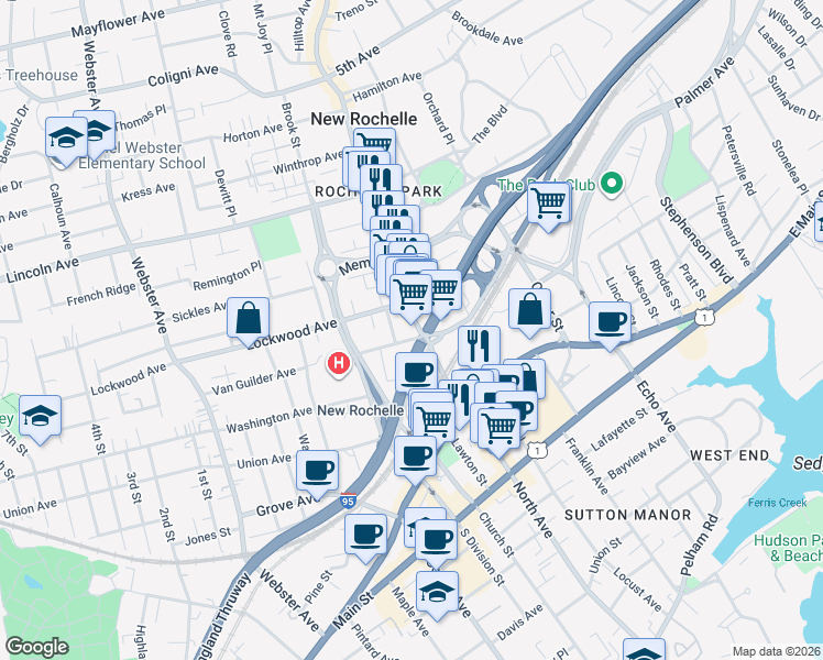 map of restaurants, bars, coffee shops, grocery stores, and more near 11 Burling Lane in New Rochelle