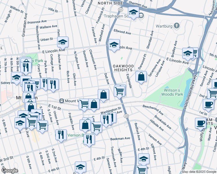 map of restaurants, bars, coffee shops, grocery stores, and more near 297 East Prospect Avenue in Mount Vernon