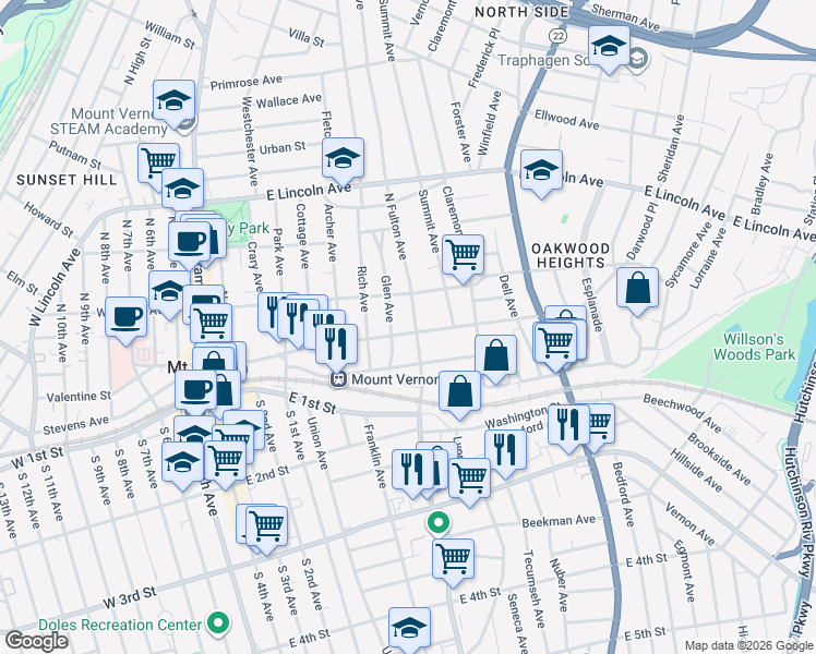 map of restaurants, bars, coffee shops, grocery stores, and more near 63 North Fulton Avenue in Mount Vernon