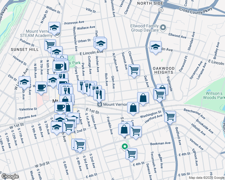 map of restaurants, bars, coffee shops, grocery stores, and more near 38 Glen Avenue in Mount Vernon