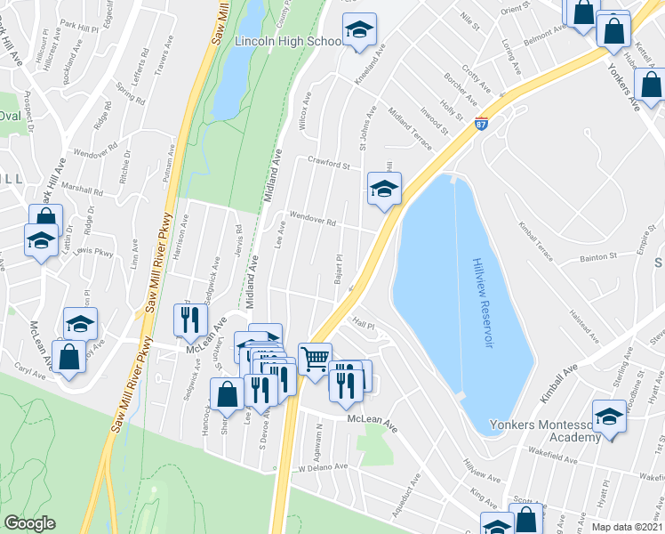 map of restaurants, bars, coffee shops, grocery stores, and more near 76 Bajart Place in Yonkers