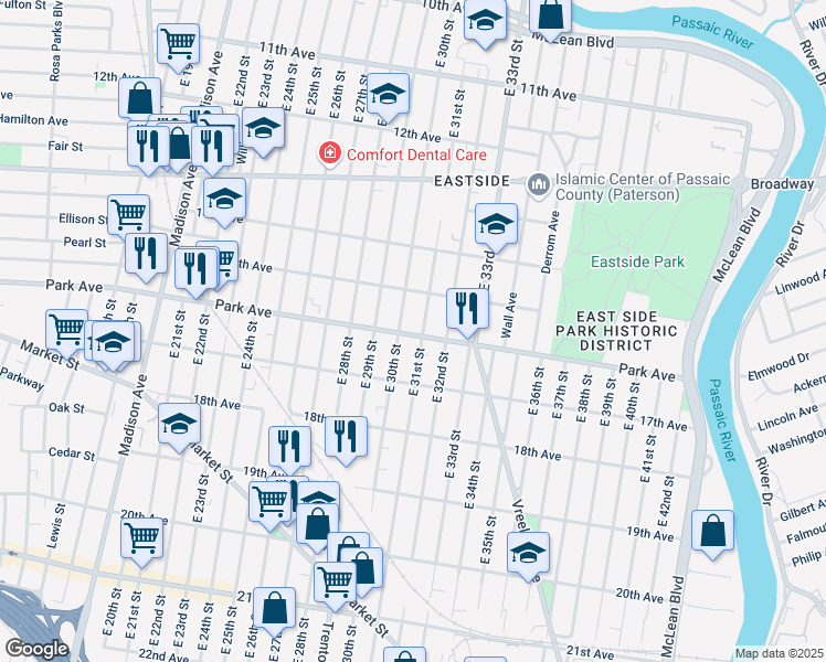 map of restaurants, bars, coffee shops, grocery stores, and more near 473 Park Avenue in Paterson