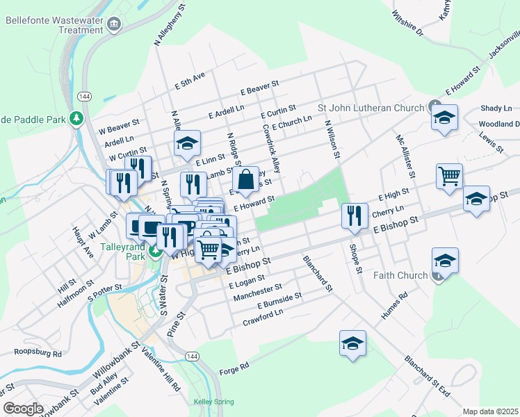 map of restaurants, bars, coffee shops, grocery stores, and more near 312 East Howard Street in Bellefonte