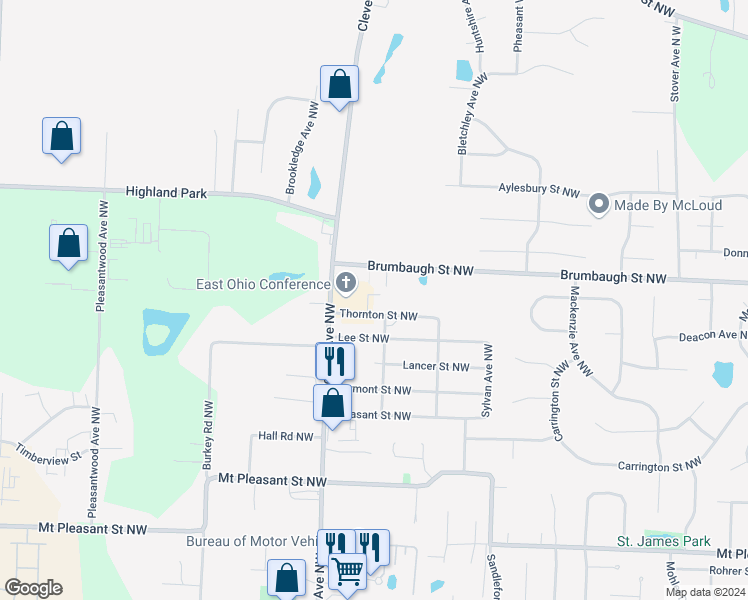 map of restaurants, bars, coffee shops, grocery stores, and more near 3135 Thornton Street Northwest in North Canton