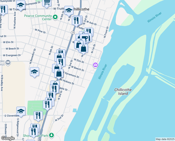 map of restaurants, bars, coffee shops, grocery stores, and more near 704 North 1st Street in Chillicothe