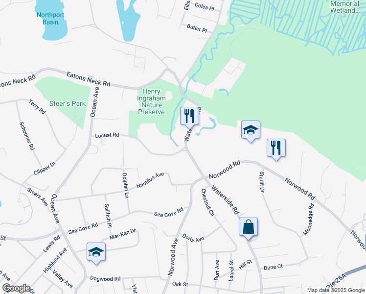 map of restaurants, bars, coffee shops, grocery stores, and more near 205 Waterside Avenue in Fort Salonga