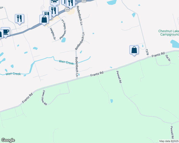 map of restaurants, bars, coffee shops, grocery stores, and more near 337 Frantz Road in Brodheadsville