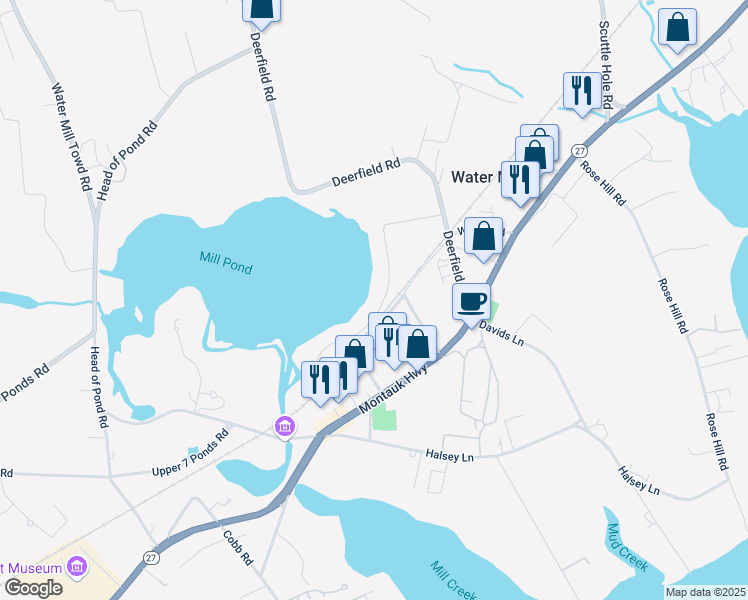 map of restaurants, bars, coffee shops, grocery stores, and more near 172 Mill Pond Lane in Water Mill