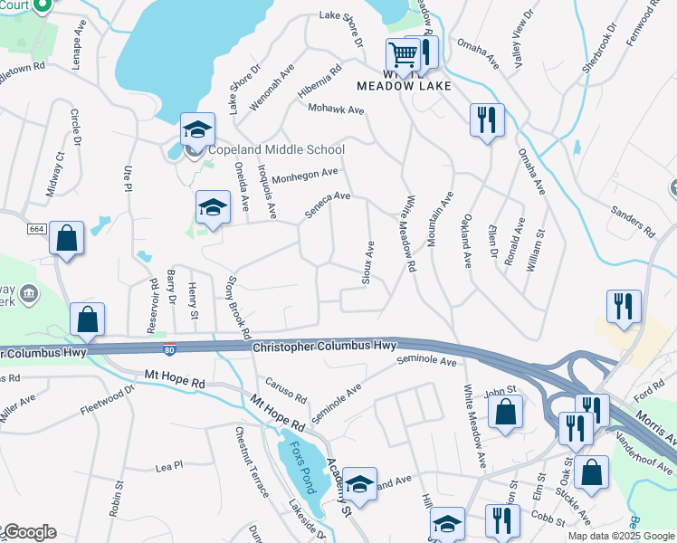 map of restaurants, bars, coffee shops, grocery stores, and more near 18 Roanoke Avenue in Rockaway