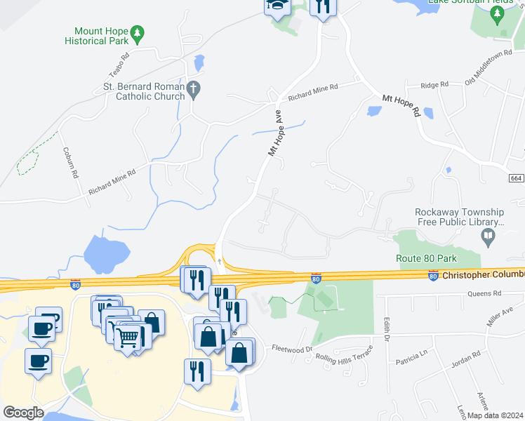 map of restaurants, bars, coffee shops, grocery stores, and more near 2211 Franklin Lane in Rockaway