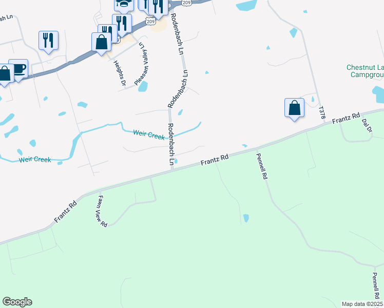 map of restaurants, bars, coffee shops, grocery stores, and more near 337 Frantz Road in Brodheadsville