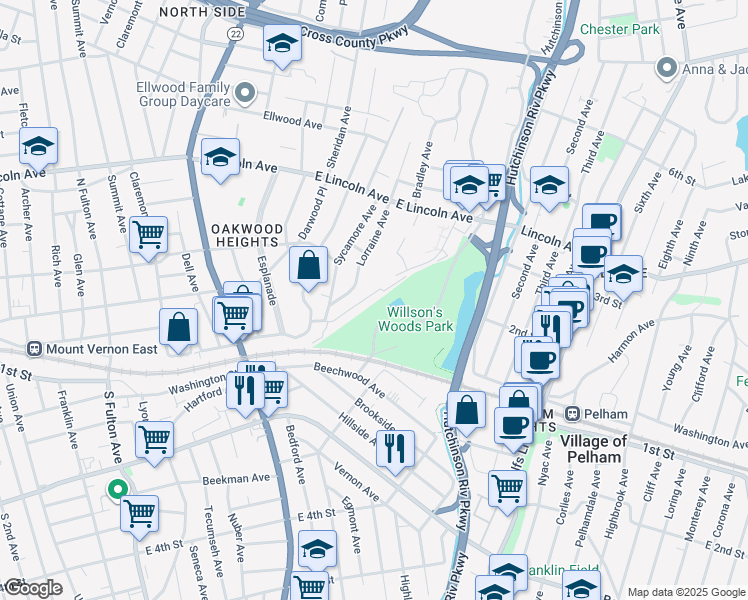 map of restaurants, bars, coffee shops, grocery stores, and more near 73 Lorraine Terrace in Mount Vernon