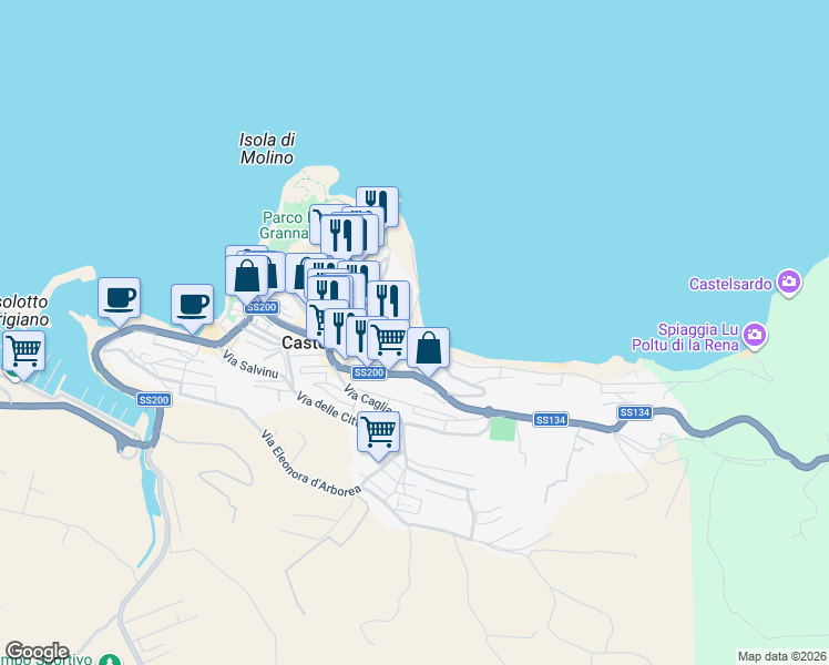 map of restaurants, bars, coffee shops, grocery stores, and more near 27 Via Cristoforo Colombo in Castelsardo