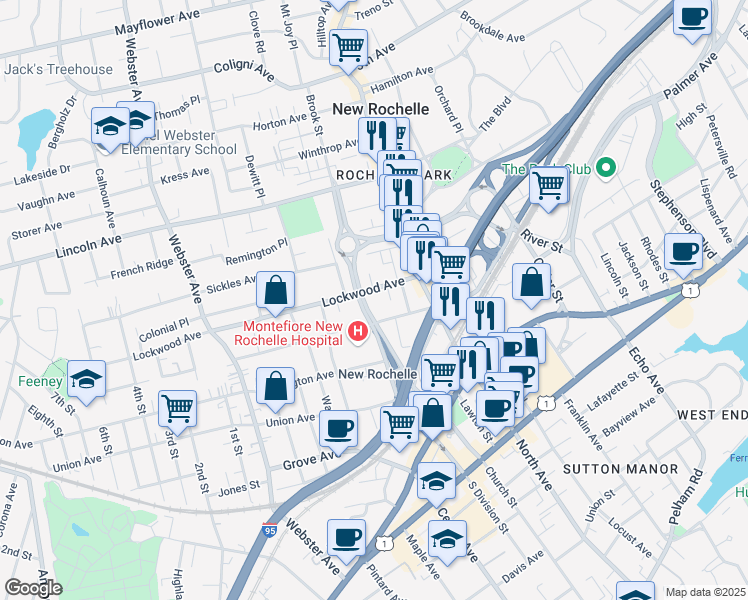 map of restaurants, bars, coffee shops, grocery stores, and more near 50 Lockwood Avenue in New Rochelle