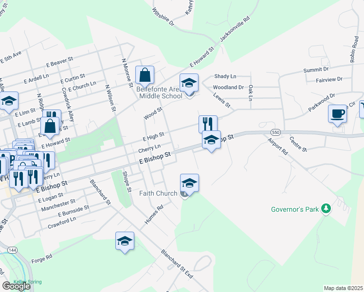 map of restaurants, bars, coffee shops, grocery stores, and more near 817 East Bishop Street in Bellefonte