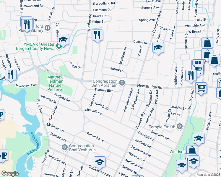 map of restaurants, bars, coffee shops, grocery stores, and more near 45 Thames Boulevard in Bergenfield