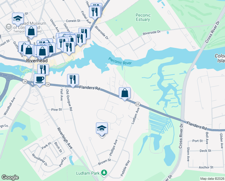 map of restaurants, bars, coffee shops, grocery stores, and more near 318 Flanders Road in Riverhead