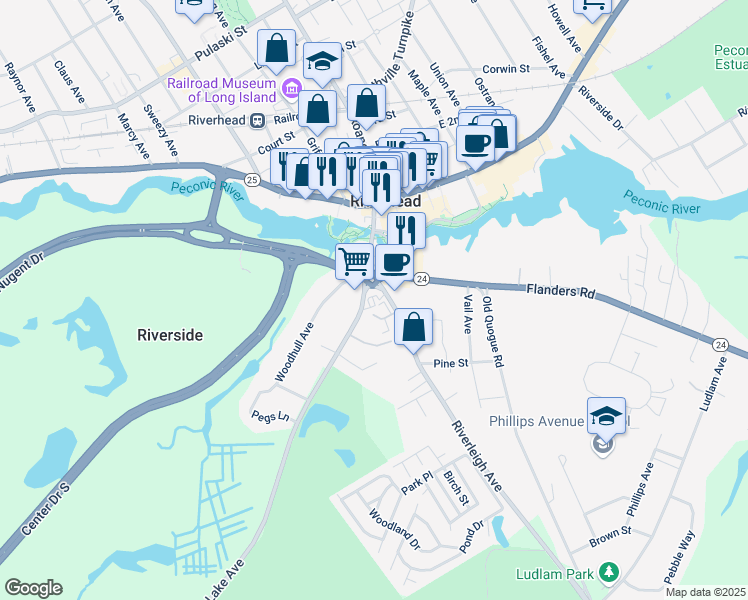map of restaurants, bars, coffee shops, grocery stores, and more near 15 Lake Avenue in Riverhead