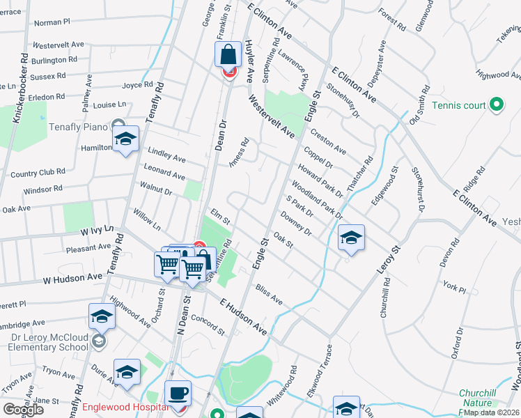 map of restaurants, bars, coffee shops, grocery stores, and more near 38 Sherwood Road in Tenafly