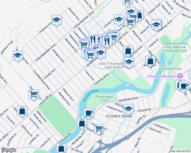map of restaurants, bars, coffee shops, grocery stores, and more near 17 Richmond Avenue in Paterson