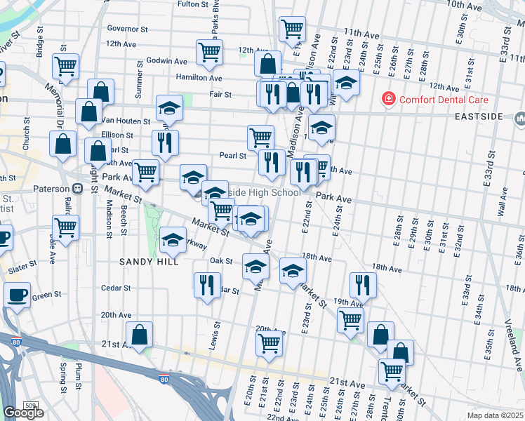 map of restaurants, bars, coffee shops, grocery stores, and more near 793 East 19th Street in Paterson