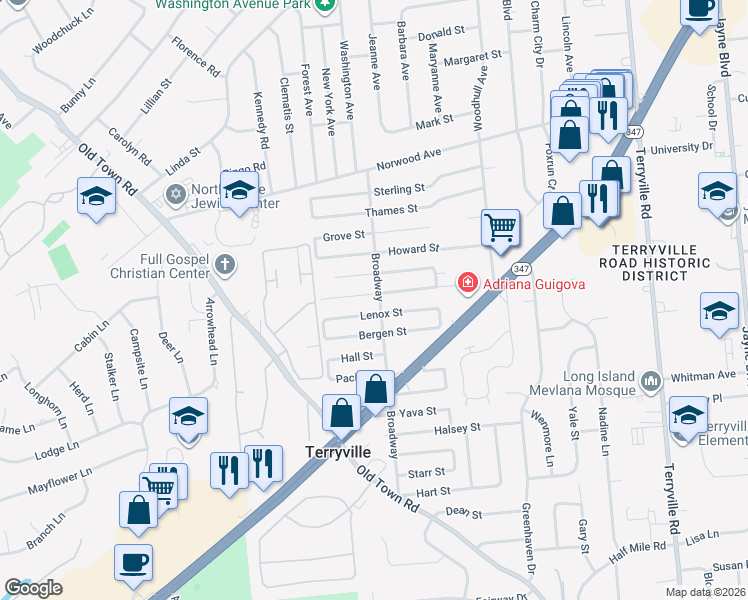 map of restaurants, bars, coffee shops, grocery stores, and more near 354 Broadway in Port Jefferson Station