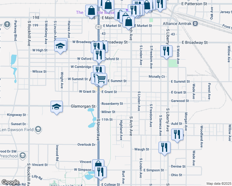 map of restaurants, bars, coffee shops, grocery stores, and more near 145 East Grant Street in Alliance