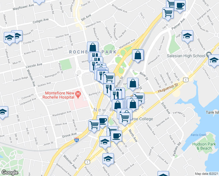 map of restaurants, bars, coffee shops, grocery stores, and more near 20 Garden Street in New Rochelle