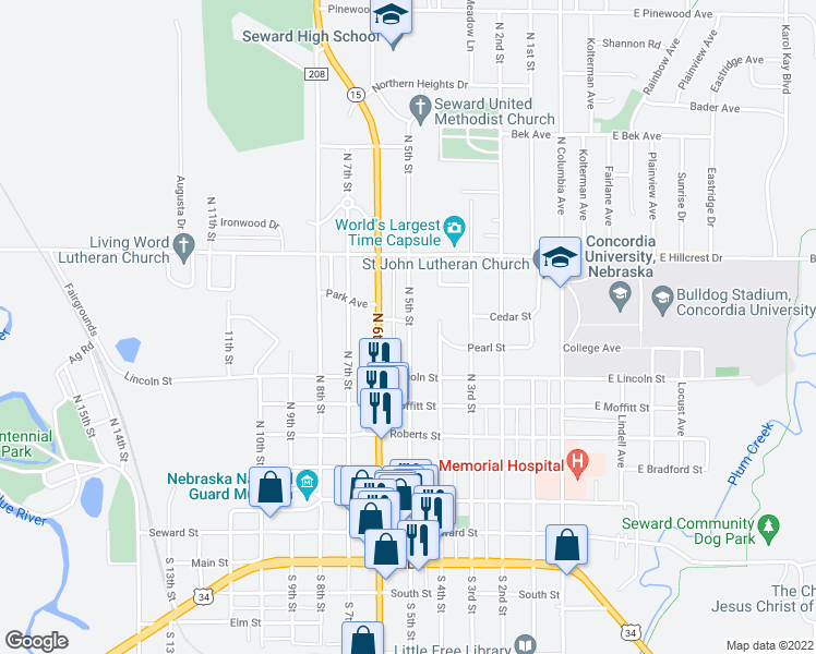 map of restaurants, bars, coffee shops, grocery stores, and more near 739 North 5th Street in Seward