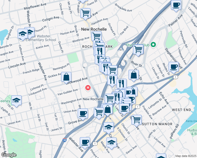 map of restaurants, bars, coffee shops, grocery stores, and more near 11 Burling Lane in New Rochelle
