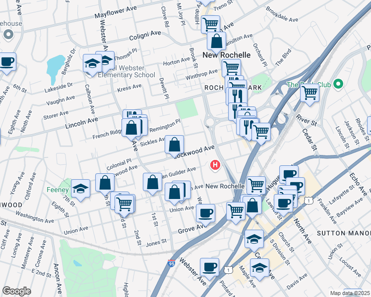 map of restaurants, bars, coffee shops, grocery stores, and more near 111 Lockwood Avenue in New Rochelle