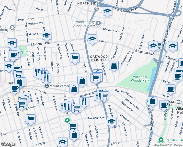 map of restaurants, bars, coffee shops, grocery stores, and more near 66 New York 22 in Mount Vernon