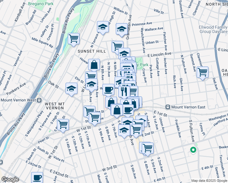 map of restaurants, bars, coffee shops, grocery stores, and more near 28 West Sidney Avenue in Mount Vernon