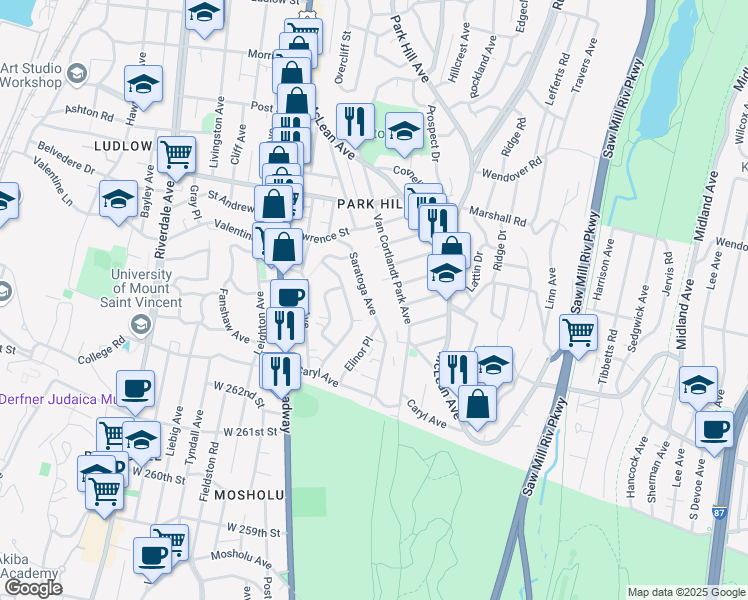 map of restaurants, bars, coffee shops, grocery stores, and more near 110 Saratoga Avenue in Yonkers