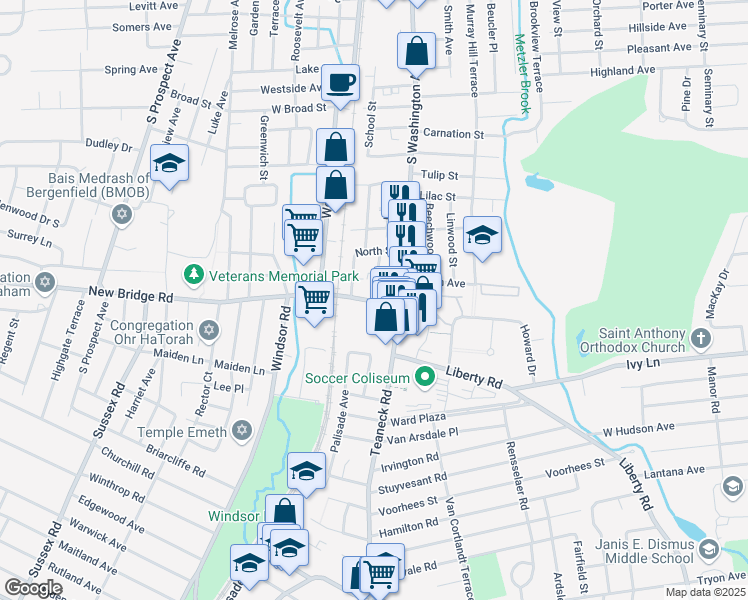 map of restaurants, bars, coffee shops, grocery stores, and more near 406 South Washington Avenue in Bergenfield