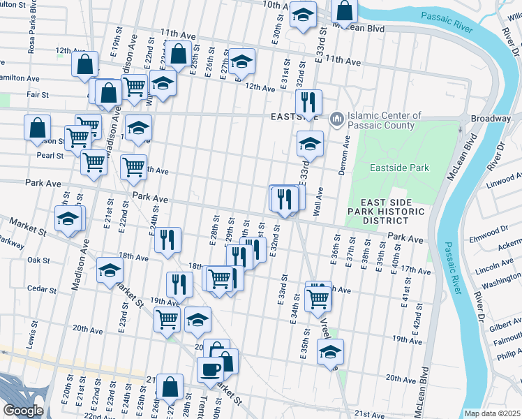 map of restaurants, bars, coffee shops, grocery stores, and more near 473 Park Avenue in Paterson