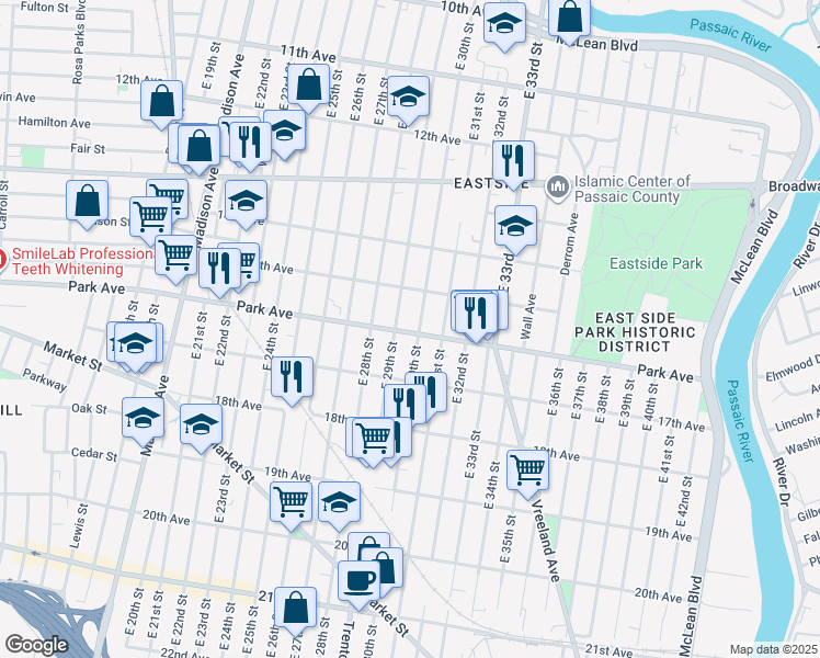map of restaurants, bars, coffee shops, grocery stores, and more near 433 Park Avenue in Paterson