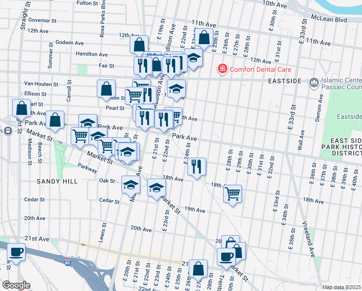 map of restaurants, bars, coffee shops, grocery stores, and more near 770 East 23rd Street in Paterson