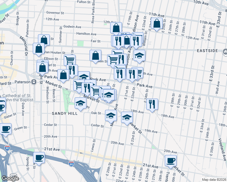 map of restaurants, bars, coffee shops, grocery stores, and more near 786 Madison Avenue in Paterson