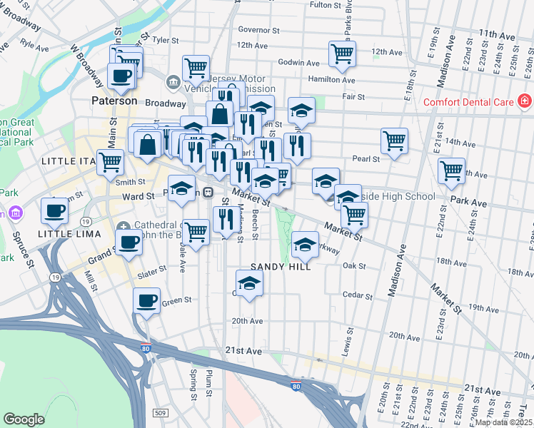 map of restaurants, bars, coffee shops, grocery stores, and more near 34 Morton Street in Paterson