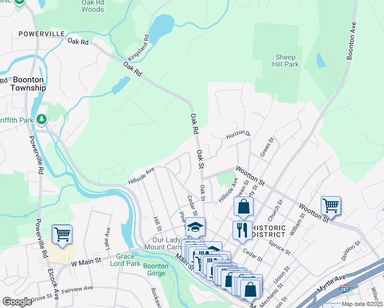 map of restaurants, bars, coffee shops, grocery stores, and more near 717 Oak Street in Boonton