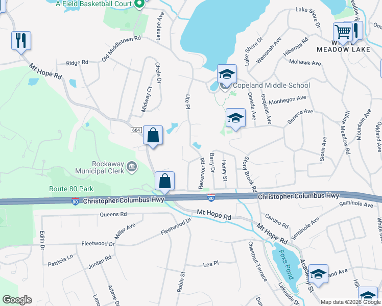map of restaurants, bars, coffee shops, grocery stores, and more near 5 Nancy Court in Rockaway