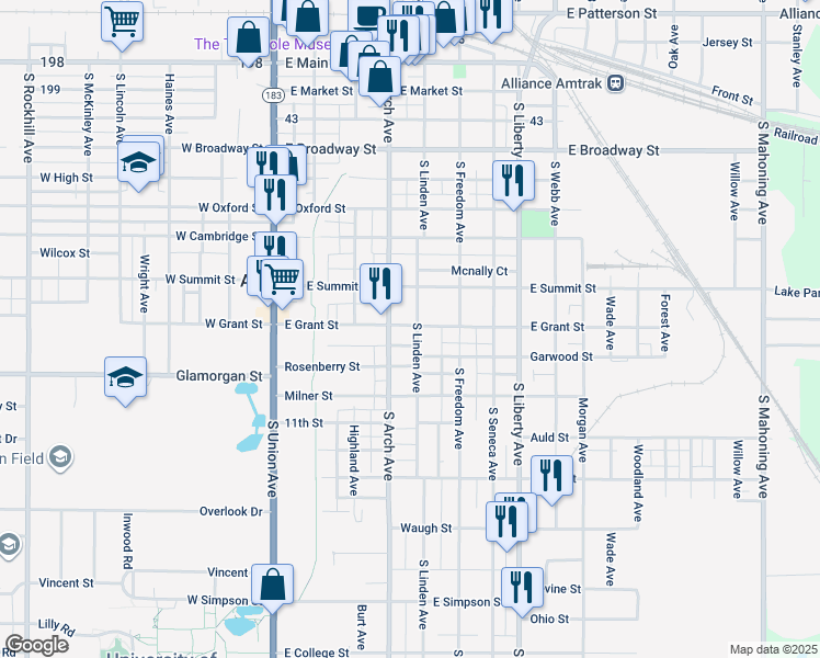 map of restaurants, bars, coffee shops, grocery stores, and more near 347 East Grant Street in Alliance