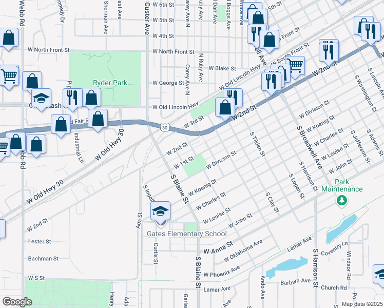 map of restaurants, bars, coffee shops, grocery stores, and more near 2320 West 1st Street in Grand Island