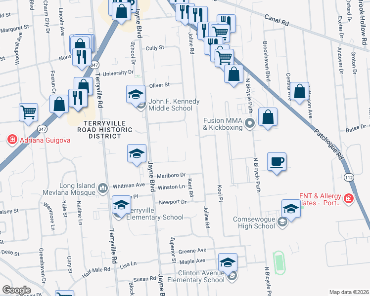 map of restaurants, bars, coffee shops, grocery stores, and more near 18 Montclair Street in Port Jefferson Station
