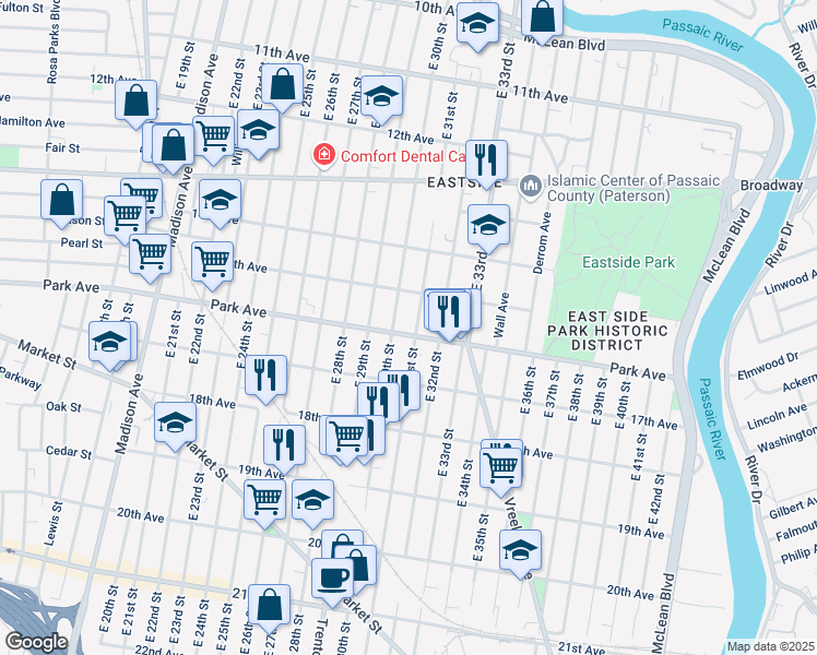 map of restaurants, bars, coffee shops, grocery stores, and more near 473 Park Avenue in Paterson