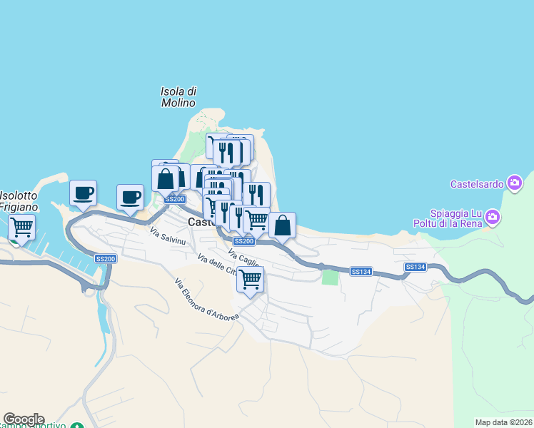 map of restaurants, bars, coffee shops, grocery stores, and more near 27 Via Cristoforo Colombo in Castelsardo