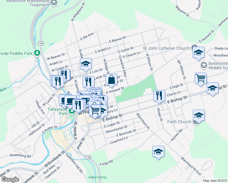 map of restaurants, bars, coffee shops, grocery stores, and more near 312 East Howard Street in Bellefonte