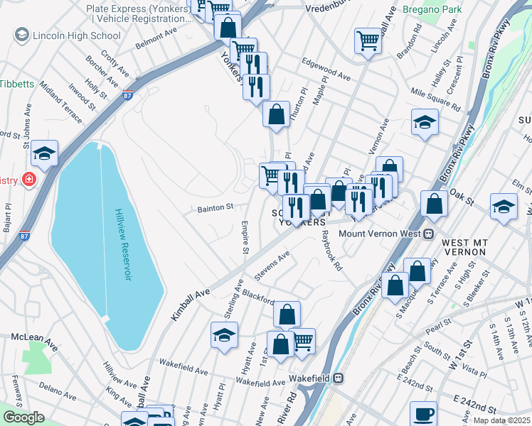 map of restaurants, bars, coffee shops, grocery stores, and more near 45 Hildreth Place in Yonkers