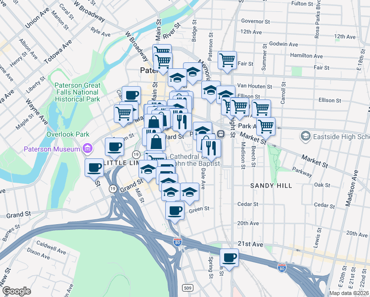 map of restaurants, bars, coffee shops, grocery stores, and more near 63 Clark Street in Paterson
